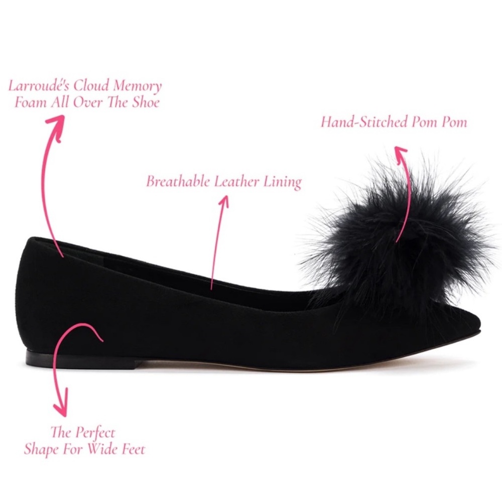 Larroude Lee Pompom Flat In Black Suede - Size 7.5 - Picture 2 of 6